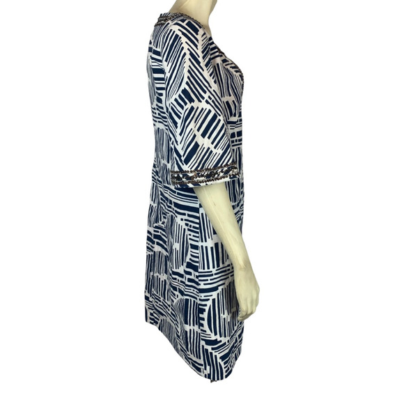 Trina Turk Womens Lek Bamboo Forest Shift Dress White Blue Geometric Sequin M/L - Picture 4 of 12